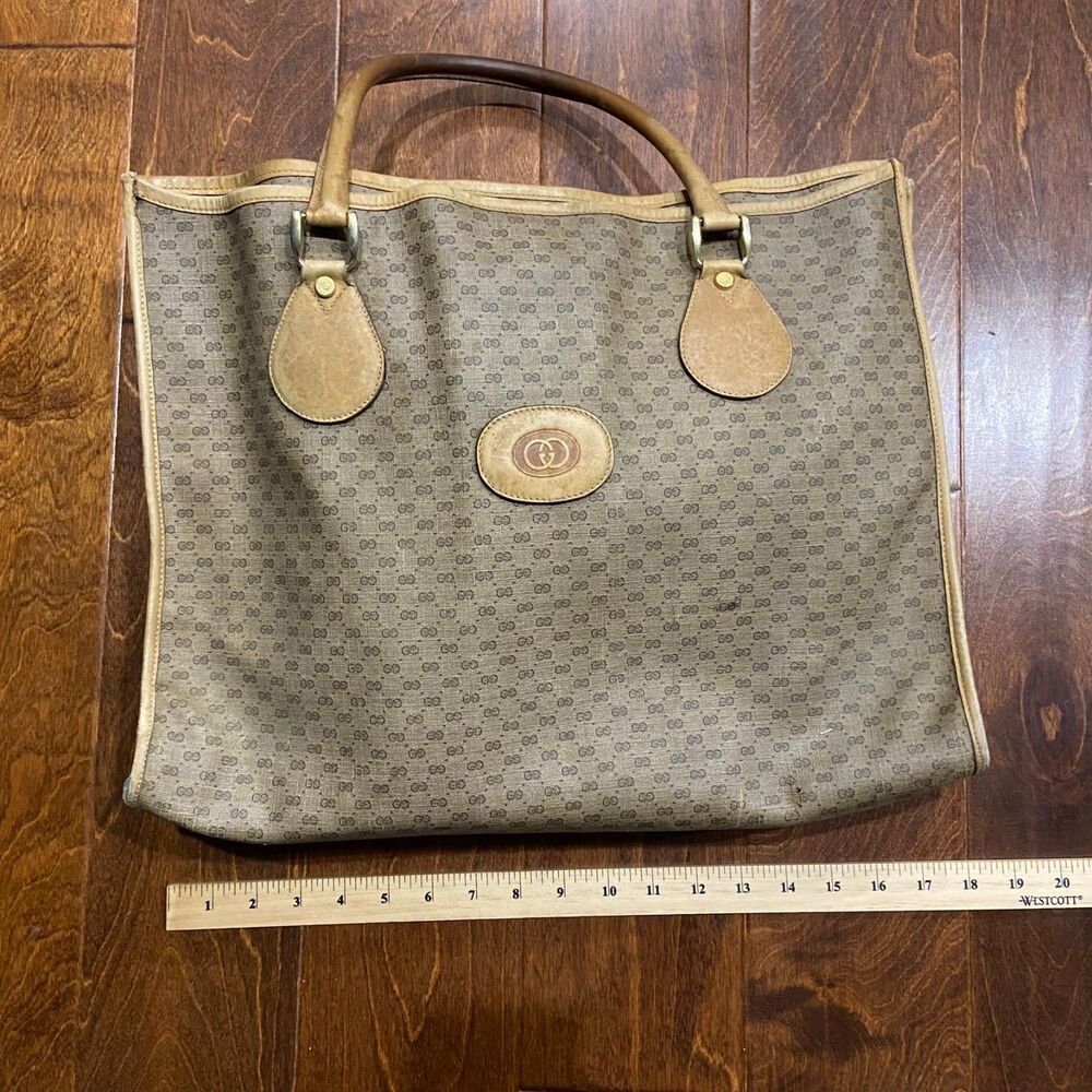 Gucci Authentic Vintage 80s GG Monogram Tan Brown Leather Tote Bag w/ Coin Pouch - Picture 11 of 12